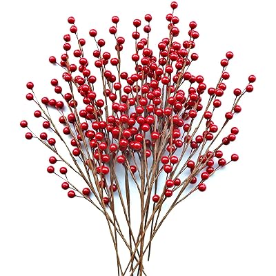Twelve artificial red berry stems with small glossy berries and slender brown branches for Christmas floral arrangements.