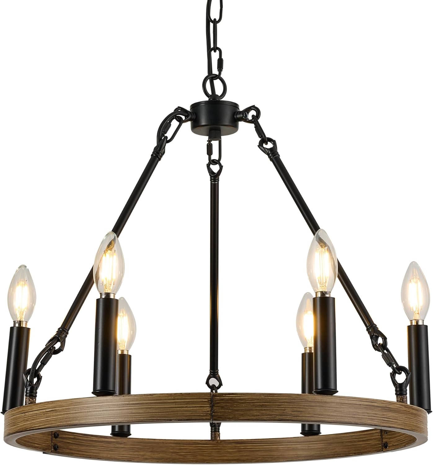 Black Farmhouse Chandeliers,6 Lights Wagon Wheel Ceiling Light, Rustic Pendant Lighting for Kitchen Living Dining Room