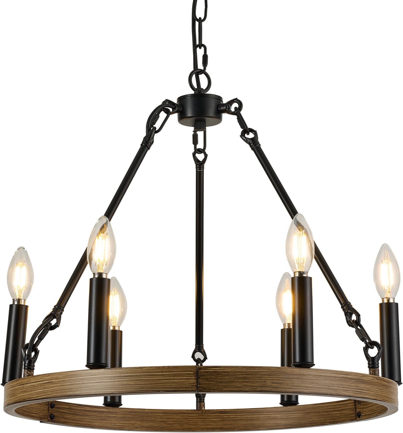 19.7" Black Farmhouse Chandelier, 6 Lights Wagon Wheel | Ceiling Light, Rustic Pendant Lighting, For Kitchen Living Dining Room