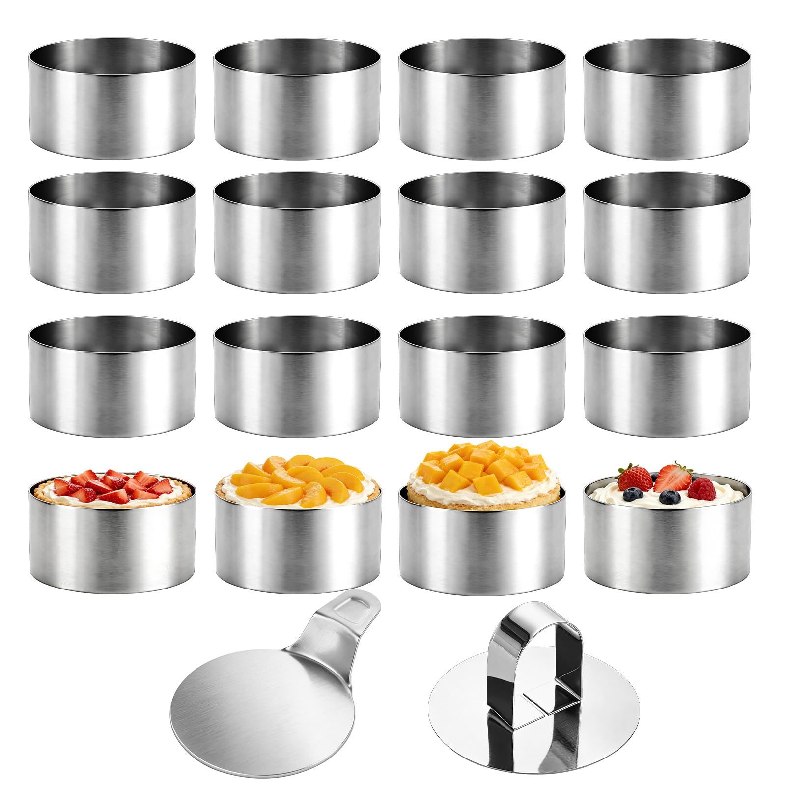 Aramanara 12 Pcs 8 x 4 cm Cake Rings for Baking, Stainless Steel Cooking Rings, Non Stick Crumpet Ring, Round Mousse Ring, Metal Dessert Ring with Cake Press & Lifter for DIY Dessert Pastry Cheesecake