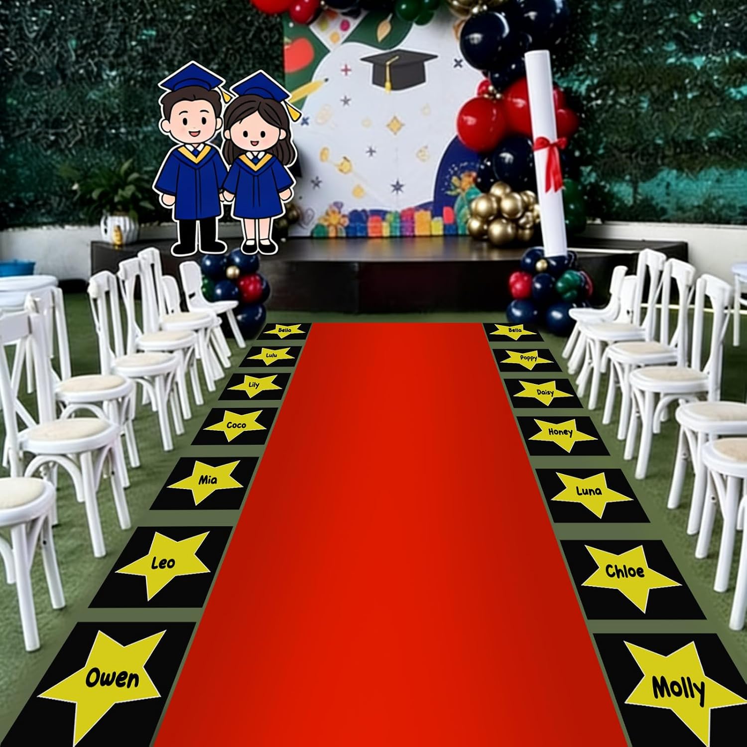 2.6 x 15 FT Kindergarten Graduation Red Carpet Runner for Party, 55 GSM Red Runner Rug Carpet with 30 Stars Shaped Cutouts 1 Tape and 1 Marker for Class of 2026 Preschool Graduations Ceremony Prom