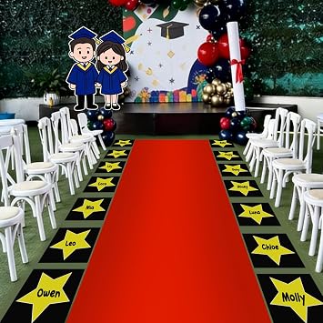 2.6 x 15 FT Kindergarten Graduation Red Carpet Runner for Party, 55 GSM Red Runner Rug Carpet with 30 Stars Shaped Cutouts 1 Tape and 1 Marker for Class of 2026 Preschool Graduations Ceremony Prom