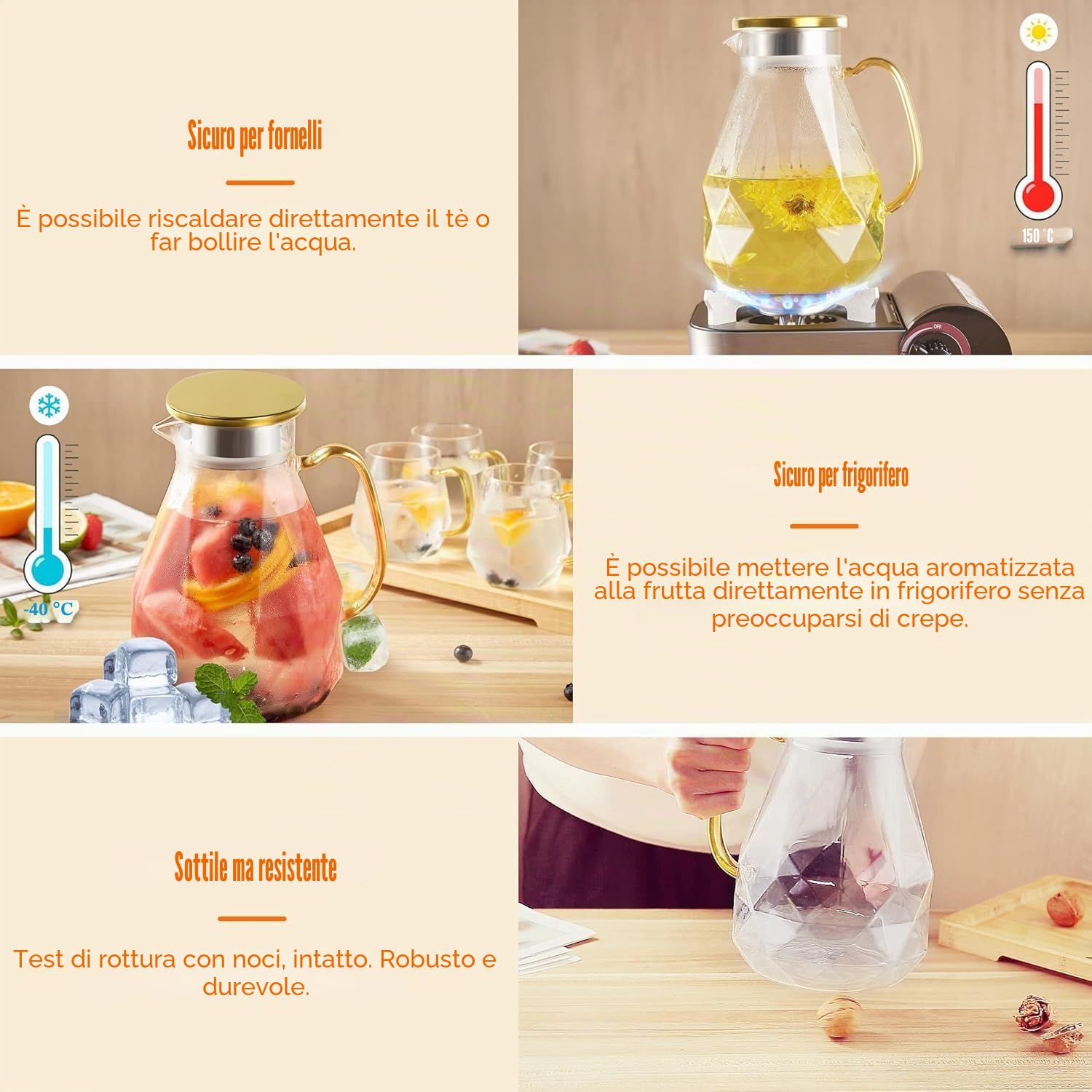 DUJUST Caraffa per Acqua con Coperchio in Acciaio Inossidabile [2 L],Brocca in Vetro con Maniglia di Disegno del Diamante, Decorazione per la Stanza, Caraffa in Vetro per Acqua ad Alta Durata