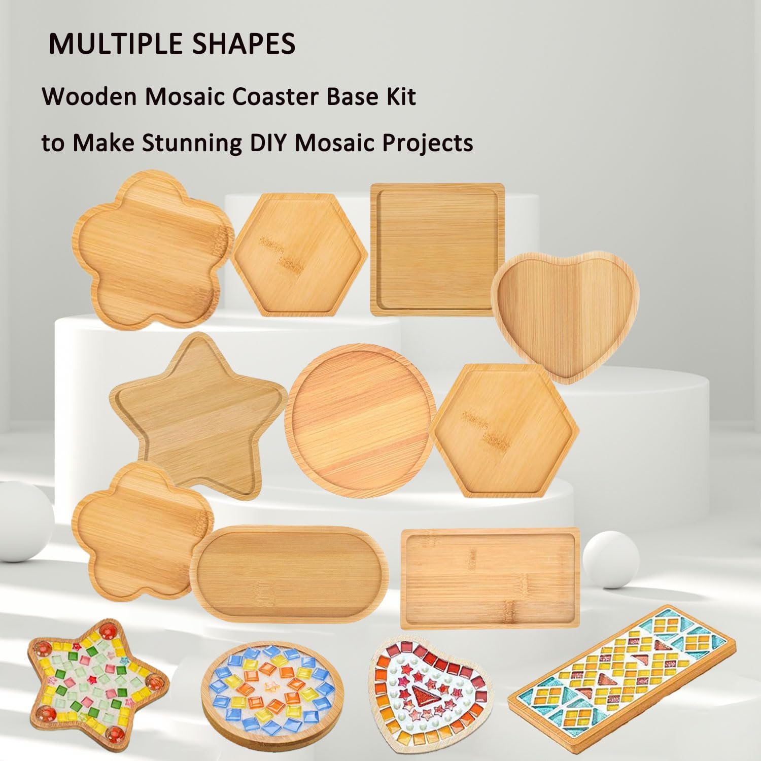 KDBDSYZB 10Pcs DIY Wooden Mosaic Tiles Coasters Kits Bases,Various Shapes Substrates Drinking Cup Coaster,Blank Base Trays,Art Plate,DIY Supplies for Arts and Crafts Handmade Home Decor Gift