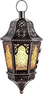 DECORKEY Ramadan Lantern Decorative Indoor & Outdoor, 13.6’’ Vintage Decorative Hanging Lanterns with Chian for Home Porch Patio Decor, Metal Christmas Moroccan Candle Holder Decorations (Amber)