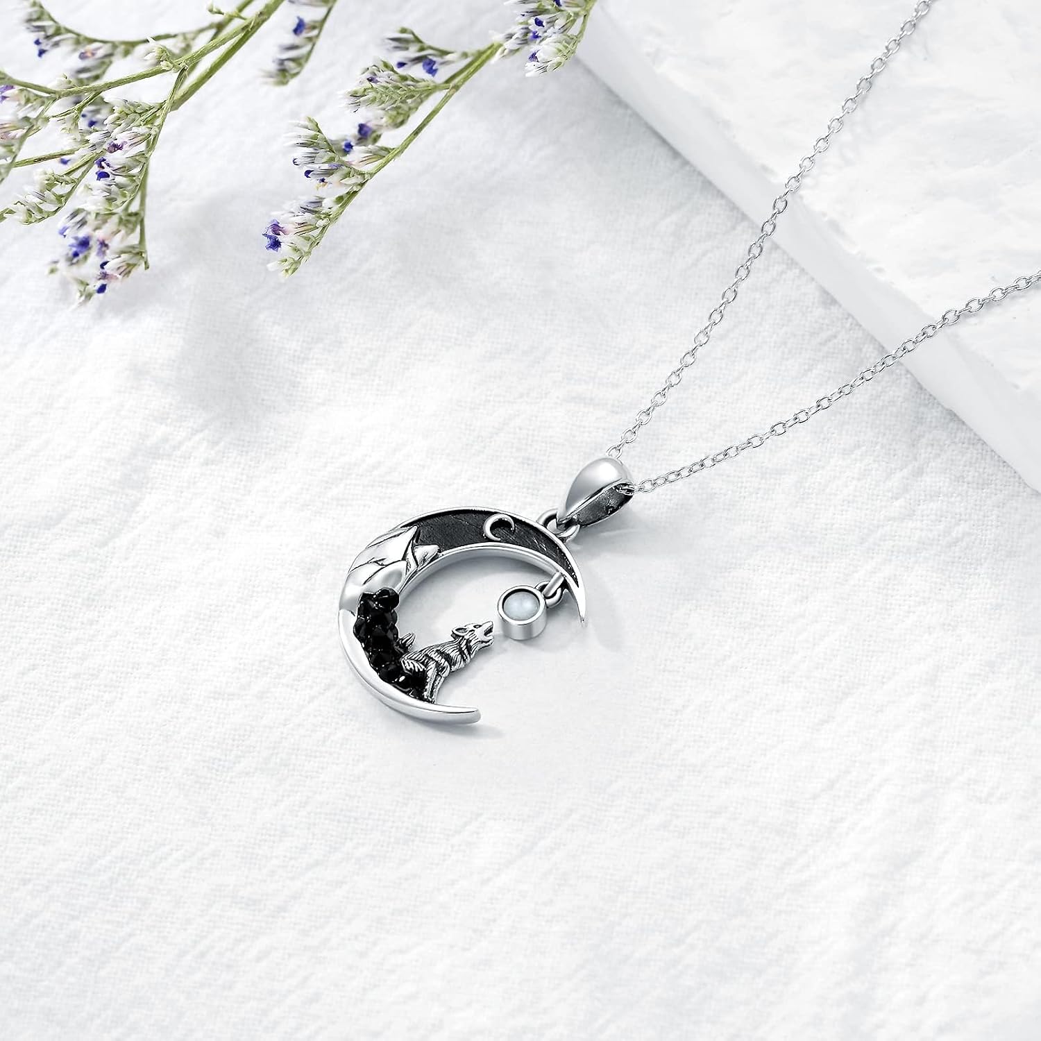 Gothic Jewelry Bat/Cat/Wolf/Dragon/Owl/Fox/Spider/Sun Pendant Sterling Silver Crescent Moon Necklace for Women Black Jewelry Gifts