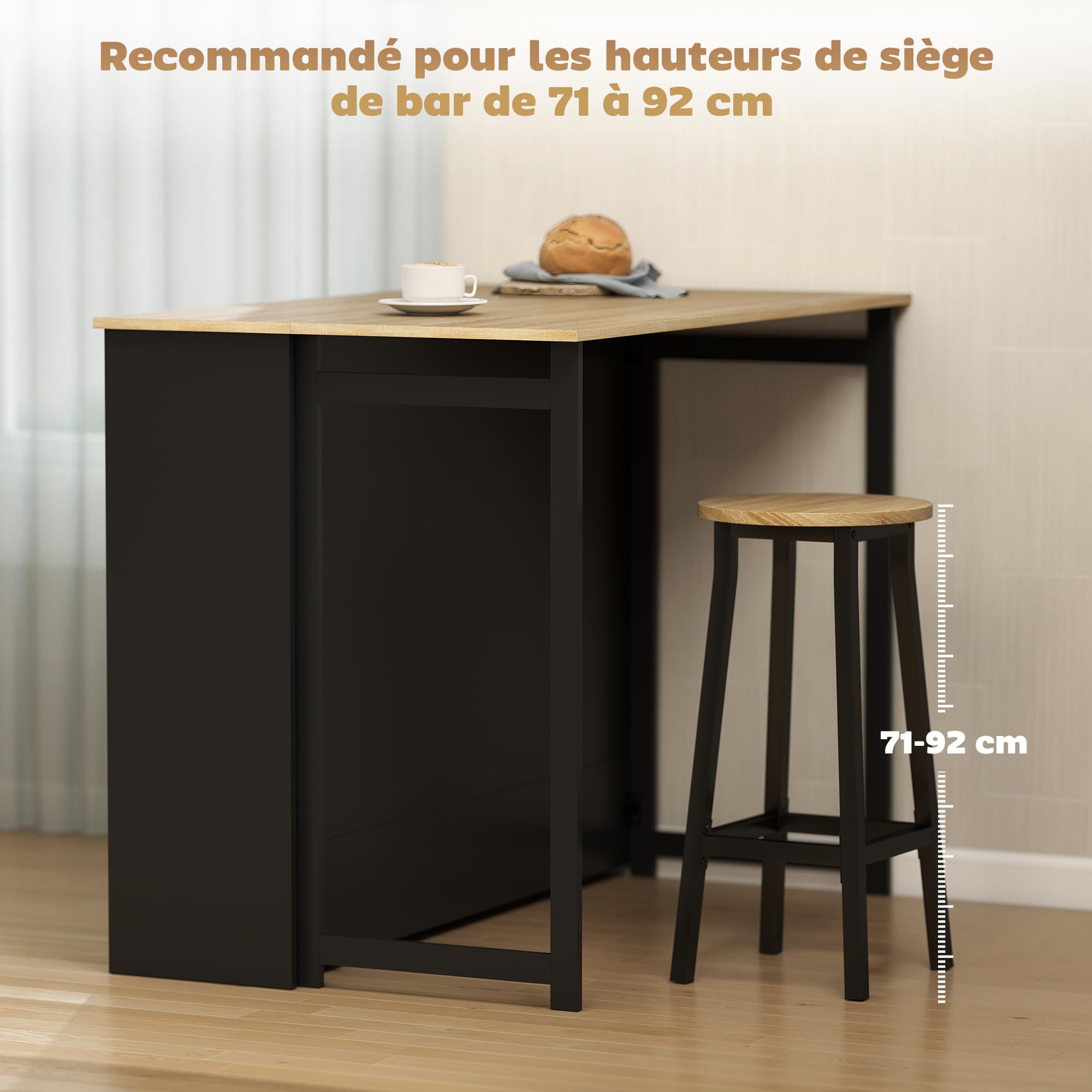 HOMCOM Table de Bar Extensible avec abattant, Table Haute Cuisine, 1 Placard à Porte et 4 Compartiments Ouverts, Style Moderne, pour Petits espaces, Salle à Manger, Salon, 116 x 79,6 x 90,5 cm, Noir