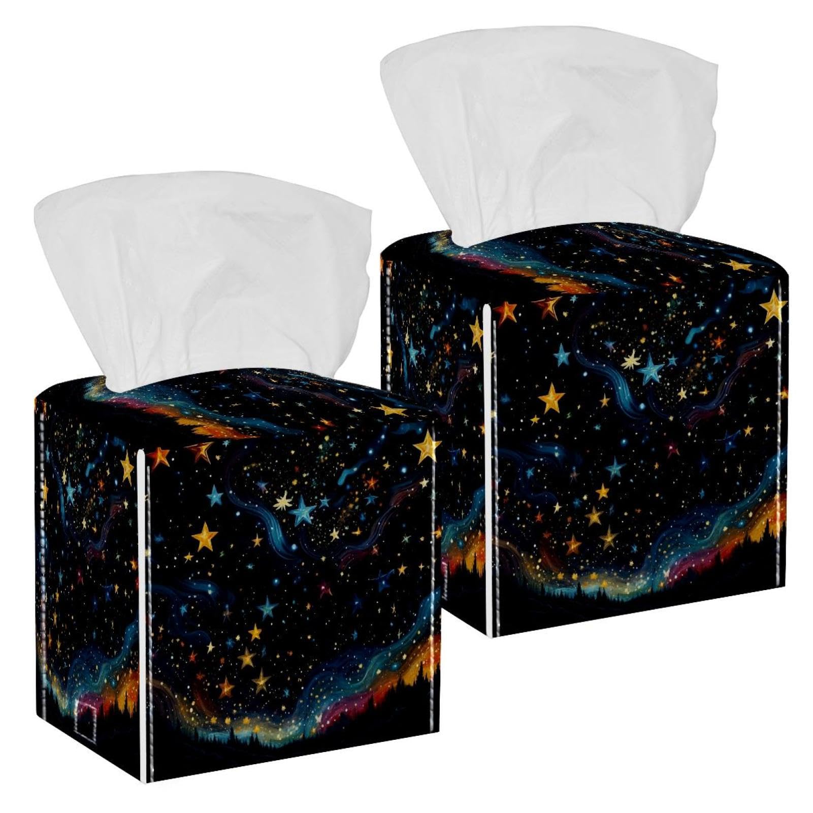 Colorful Stars Polka Dot Tissue Box Cover, 2 Pack PU Leather Square Facial Tissue Dispenser Box holder for Home Office Car