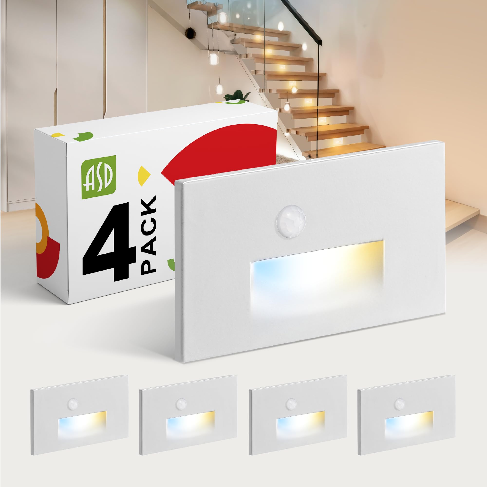 ASD LED Step Light 4-Pack | Motion Sensor, Stair Riser, Deck | White