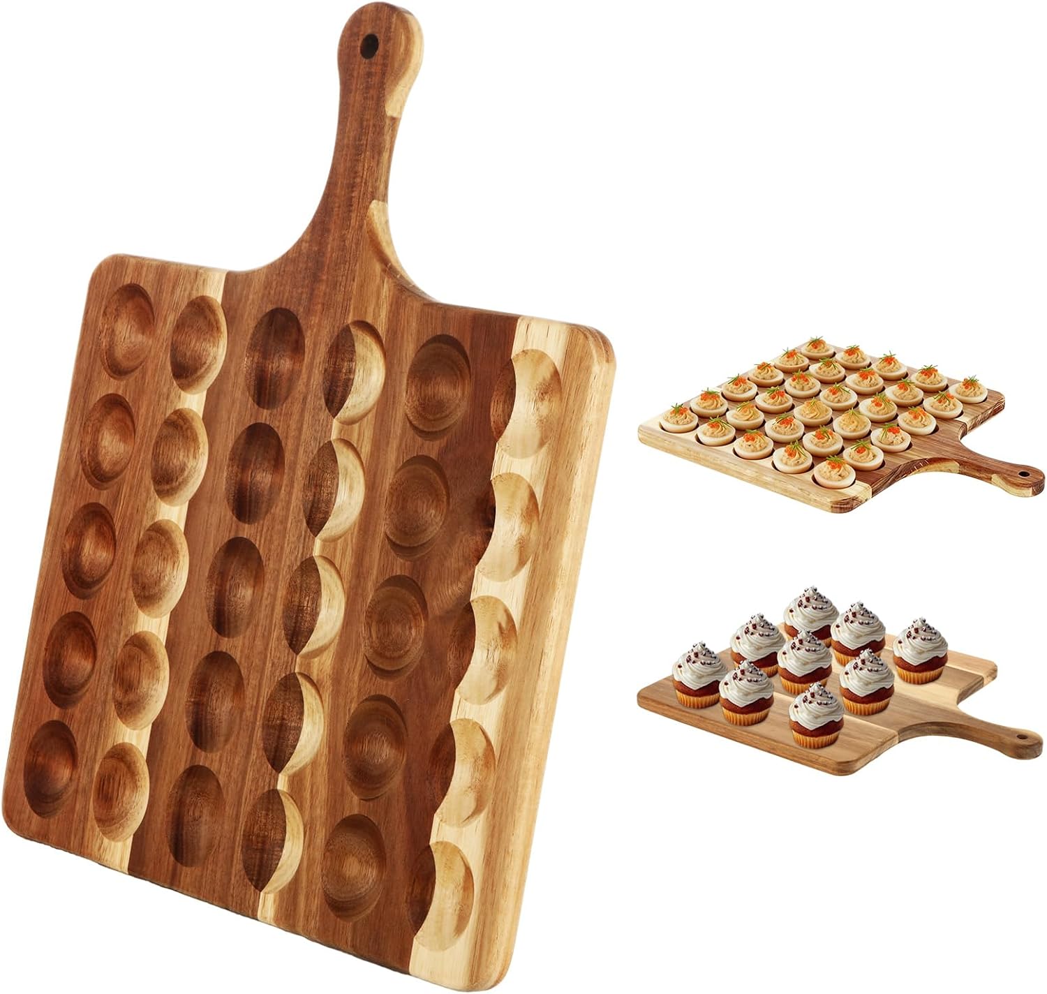 2 Pcs 30 Holes Acacia Wood Deviled Egg Platter, 17" x13” Egg Board, Wooden Egg Tray Deviled Egg Charcuterie Board for Kitchen Countertops.