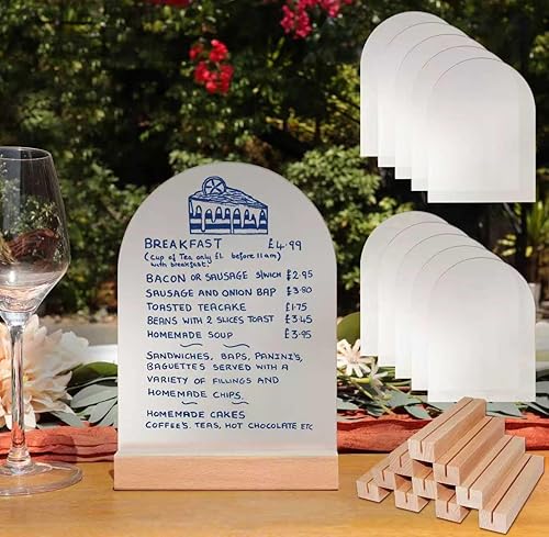 Letrero acrílico esmerilado en blanco con soportes de madera, paquete de 10 letreros personalizables para números de mesa de boda, fiesta de