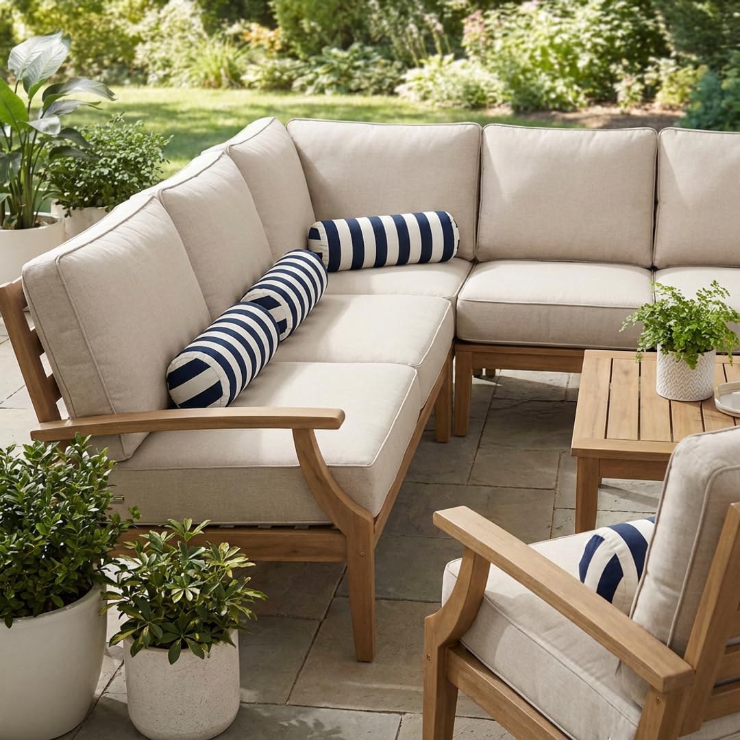 RSH Décor Set of 2 - Indoor/Outdoor Decorative Neckroll/Throw Pillows Made with Navy Blue & White Cabana Stripe Fabric - Made in USA