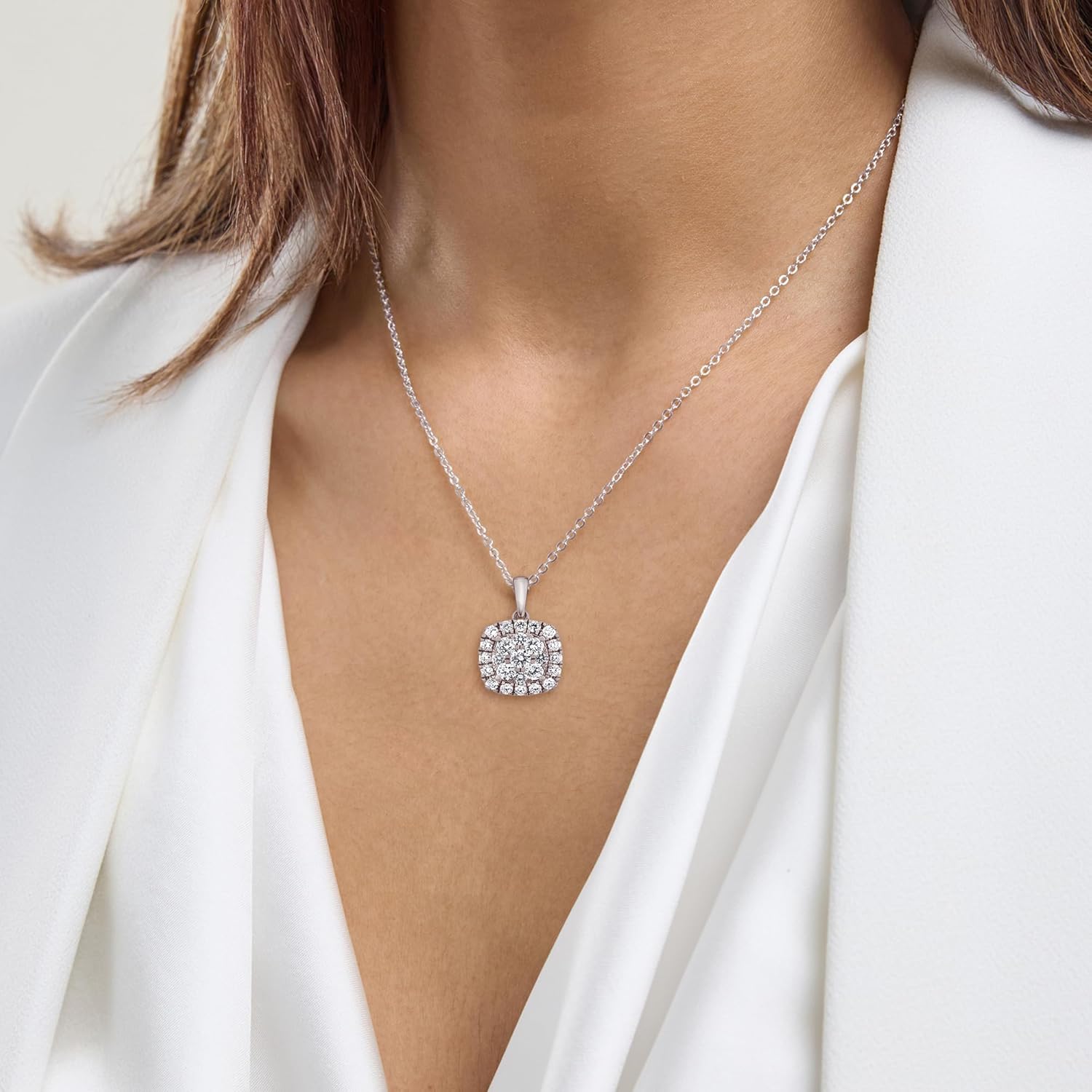 Belacqua 1 Carat Round Lab Grown Halo Diamond Pendant Necklace in Sterling Silver, Cushion Shape, 18 Inches Cable Chain, J-K Color, I1-I2 Clarity, Fine Jewelry for Women, Gift Box Included