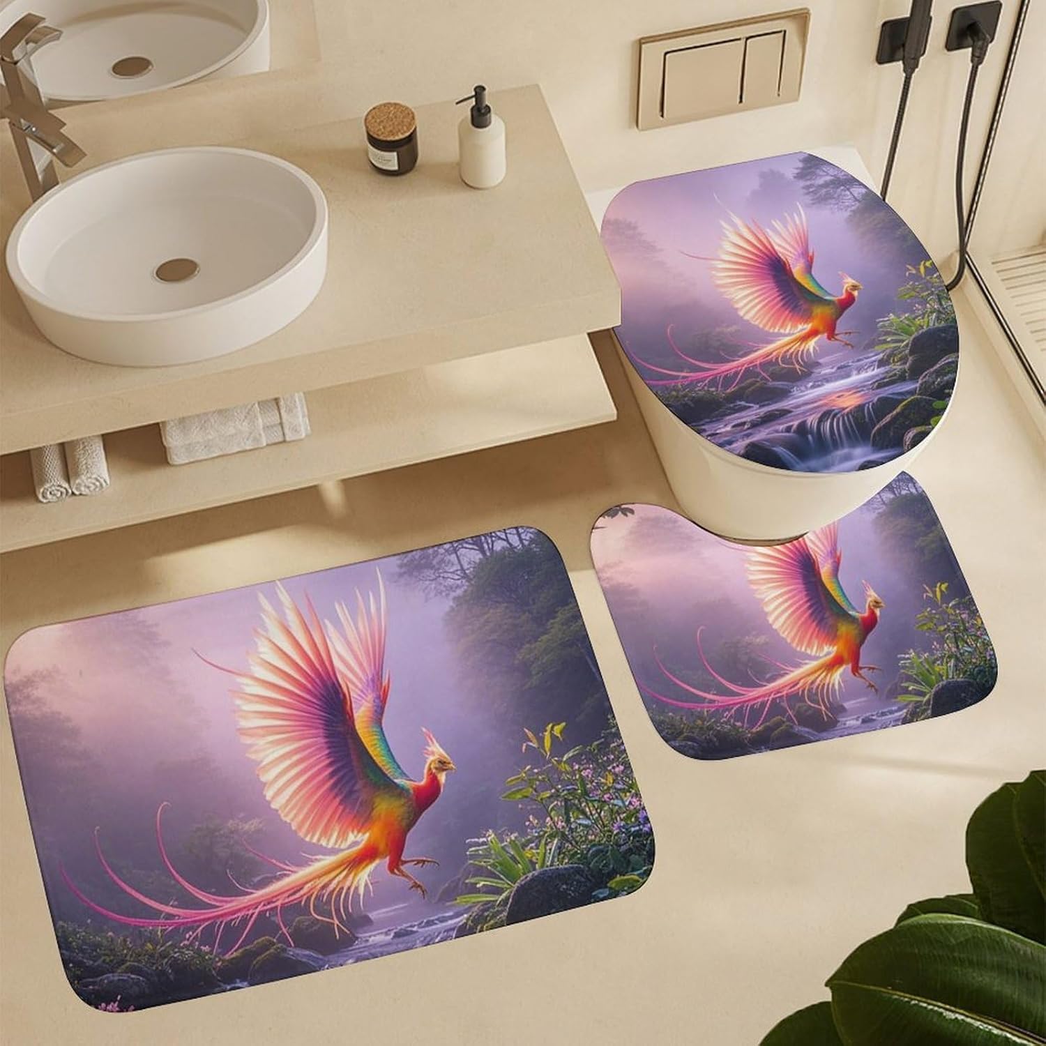 Phoenix is Flying Shower Curtain Set 4 Piece, Non-Slip Bath Mat with Toilet Lid Cover and Waterproof Shower Curtain with 12 Hooks, Complete Bathroom Set for Home Decor