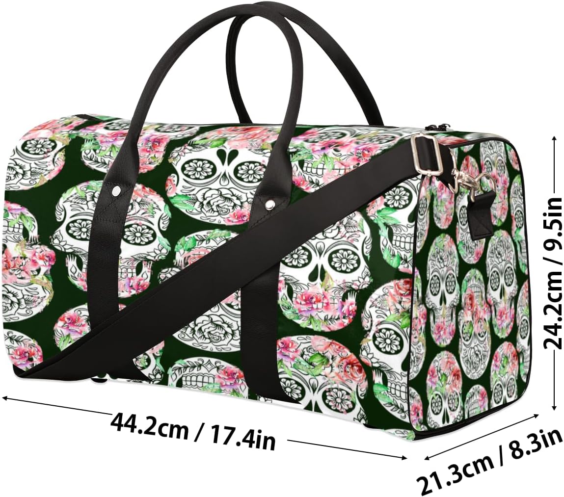 Flower Skulls Travel Duffel Bag for Women Men Large Capacity Overnight Weekender Bags for Lightweight Waterproof Sport Gym Bag for Workout Yoga Swim