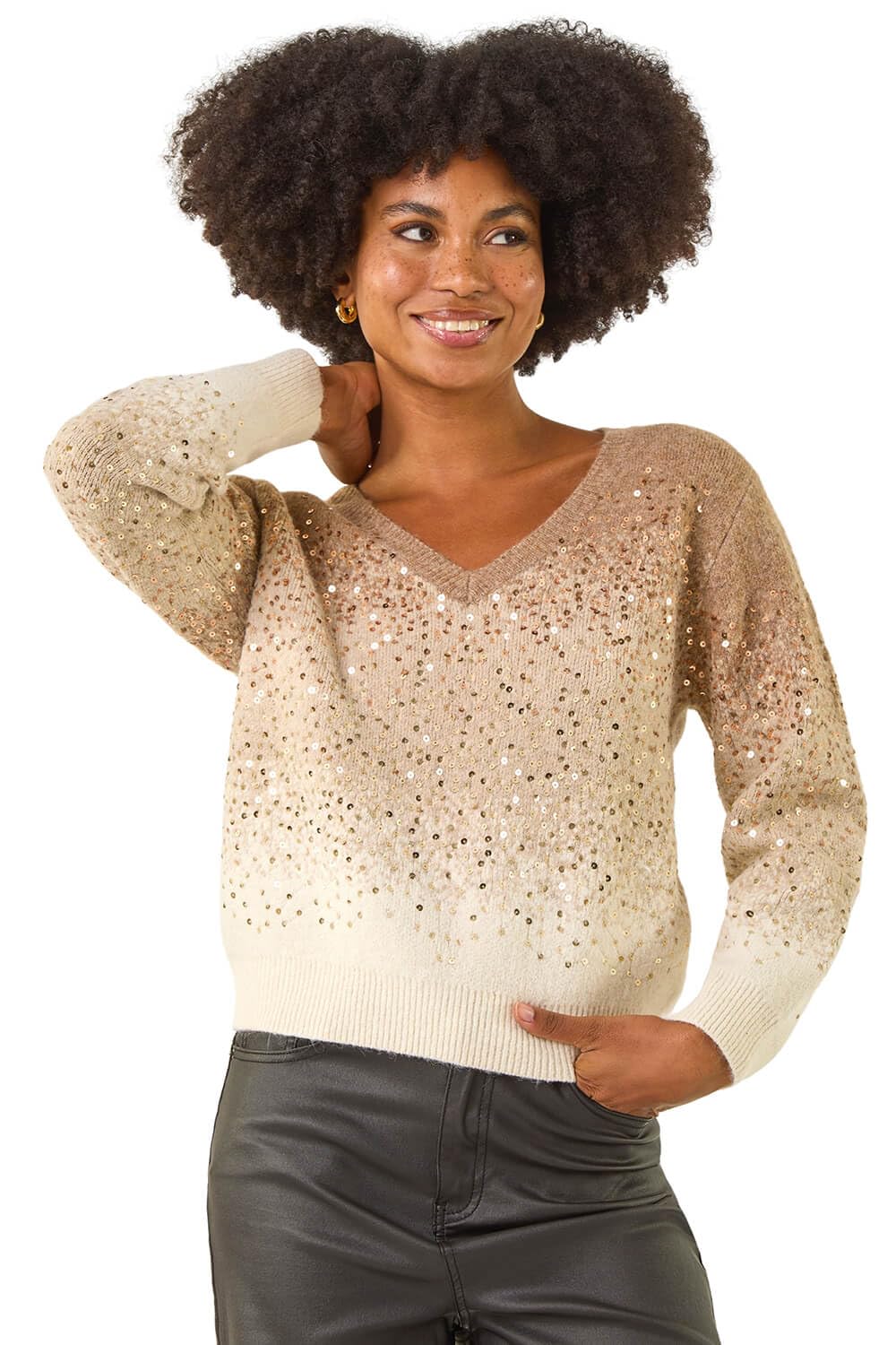 Roman Women's Beige Sparkly Ombre V-Neck Knit Jumper In | : Size 14