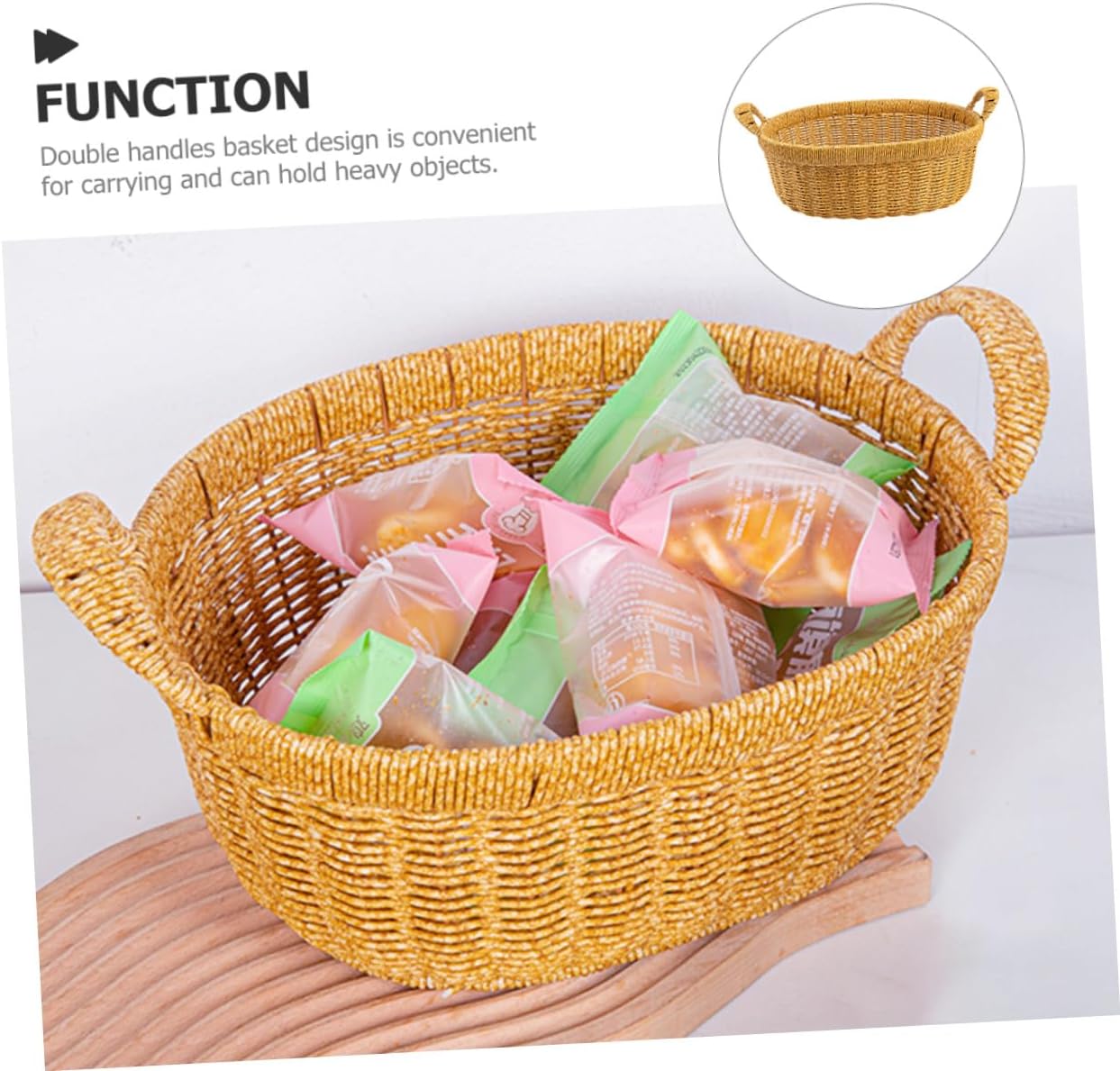 Large Oval Deep Fruit and Bread Basket with Double Handles, Handwoven Simulated Rattan Snack Storage Tray for Kitchen Organizer and Outdoor Picnic Serving