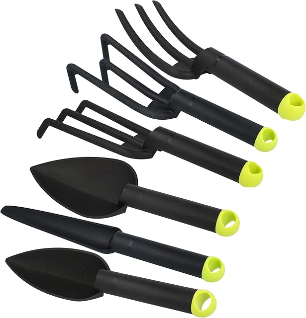 com-four com-four® 6-teiliges Premium Garten-Werkzeug Set - Klein-Grubber, Blumen-Kelle, Pflanzen-Kelle, Blumen-Gabel, Rechen und — Werkzeug-Sets