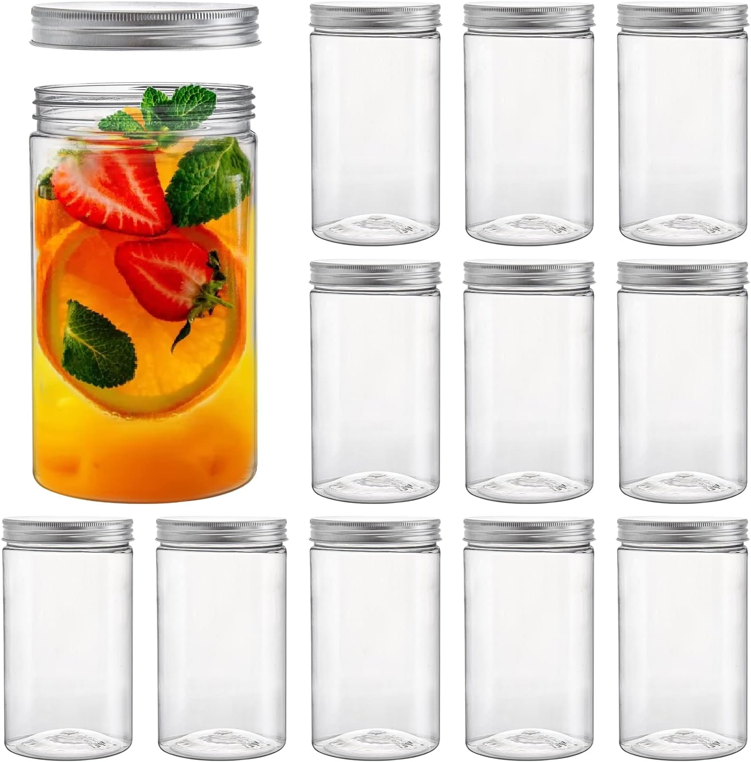 Tebery 12 Pack Clear Round Plastic Jars Bottles Containers with Silver Ribbed Lids, 30oz Straight Cylinders Storage Canisters for Food & Home Storage