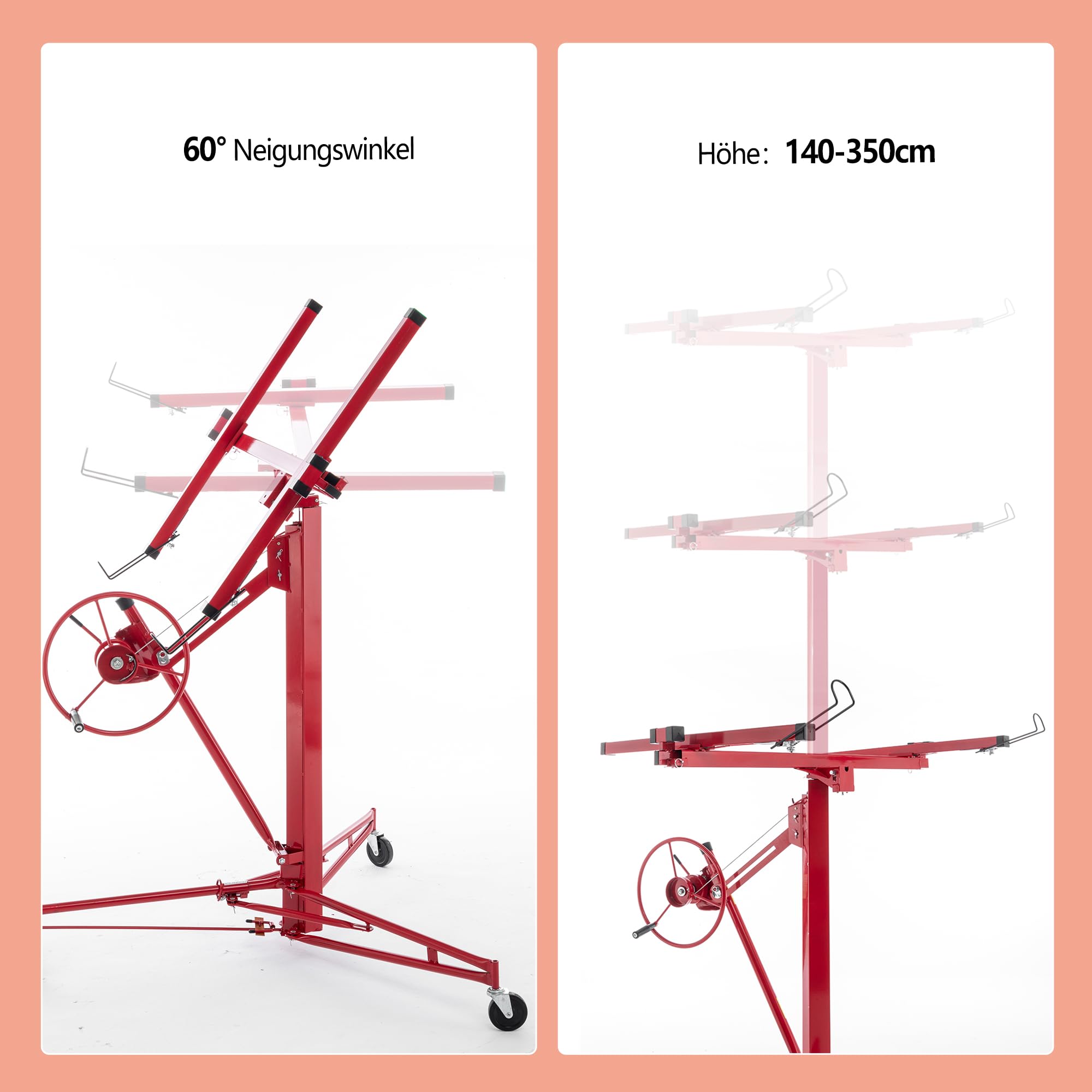 XXL Plattenheber Traglast bis 68 kg Arbeitshöhe 140-350 cm Max. Breite 2,90 m, 1-Mann-Bedienung Trockenbau Montagehilfe Mit 3 Bremse-Rädern für Innenausbau Rot