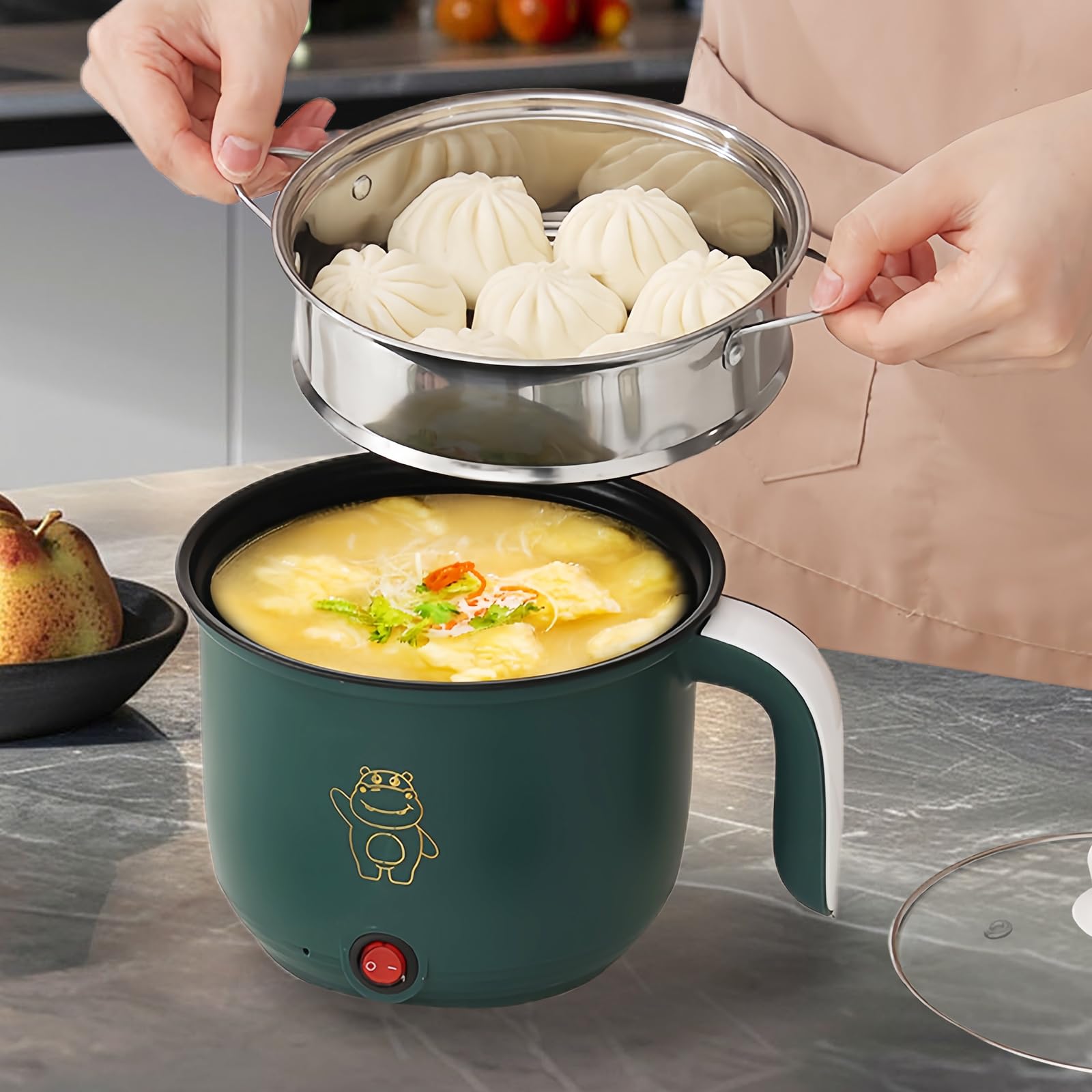 Mini-kookpan met stoompan, 1,5 l, draagbare elektrische pan, elektrische mini-pan, elektrische hete pot voor thuis, kantoor, slaapzaal