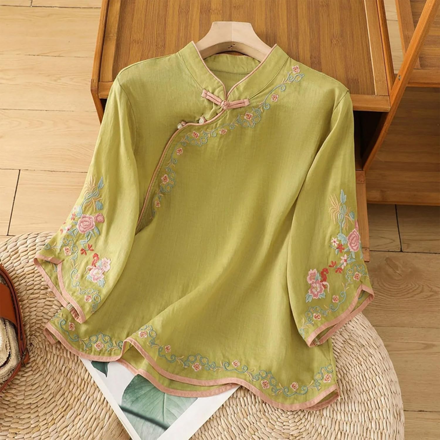 Oplxuo Blouses for Women Dressy Casual Ruffle 3/4 Length Sleeve Womens Tops V Neck Button Loose Tshirts Trendy Summer Shirts - Image 2