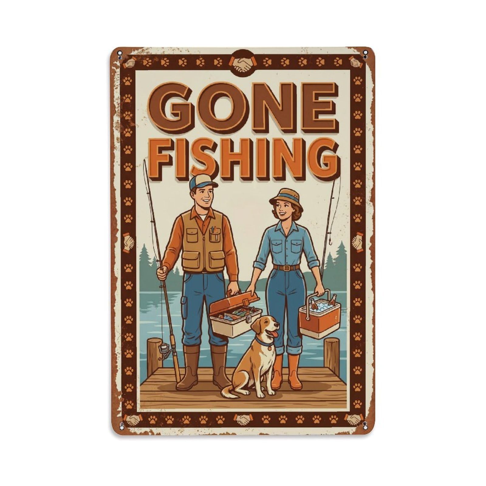 Gone Fishing Buddy Companion Vintage Metal Tin Sign Plaque Wall Decor for Cafe, Club, Garden Metal Poster 8x12Inch