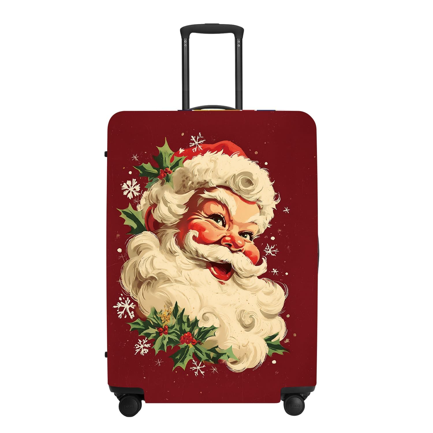 Retro Santa Luggage Cover - Vintage Saint Nicholas with Holly and Snowflakes, Traditional Suitcase Protector 18 20 22 Inch