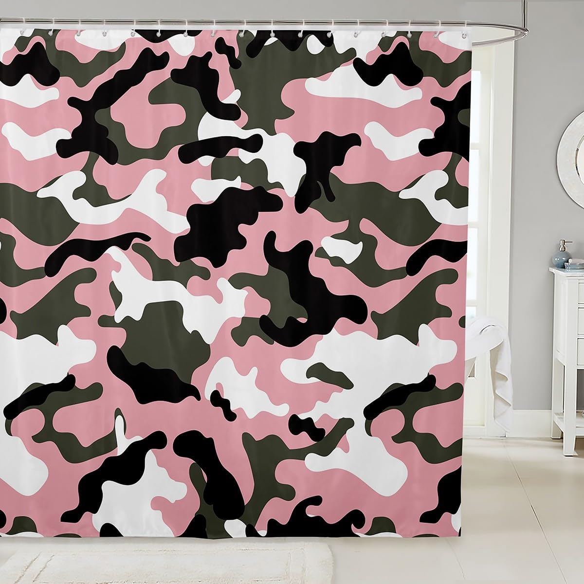 Army Camo Shower Curtain Pink Green White Camouflage Bathroom Curtain for Kids Girls Boys Teens Bathtub Decor Soft Microfiber Waterproof Curtain Modern Fashion Bath Curtain,12 Hooks,72"Wx78"L
