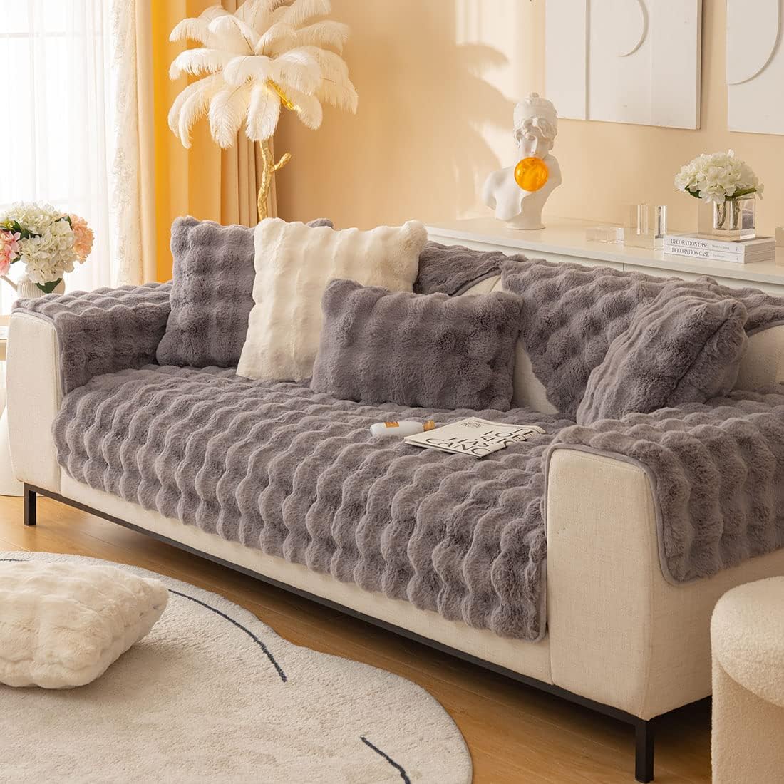 XSlive Soft Warm Faux Fur Couch Sofa Cover Thick Shaggy Fuzzy Sectional Couch Cover NonSlip