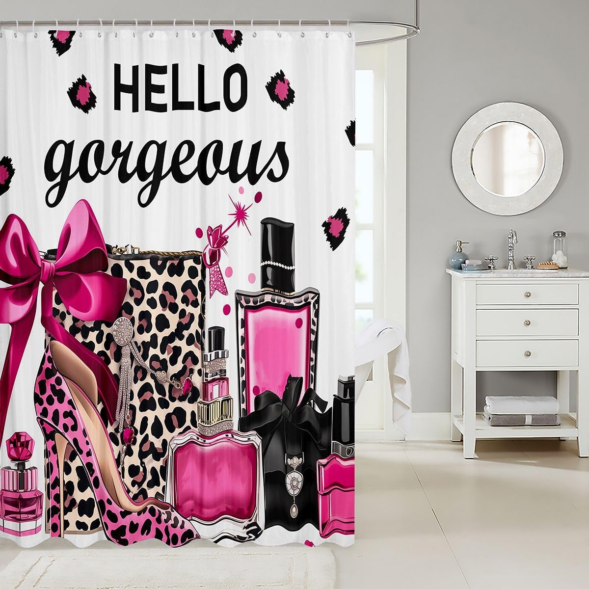 Erosebridal Black and Pink Leopard Print Shower Curtain | Fashion Modern Girly Bath Curtain Bow Perfume High Heels Bathroom Accessories Trendy Stylish Girls Fabric Shower Curtains,72" Wx72 L image 2
