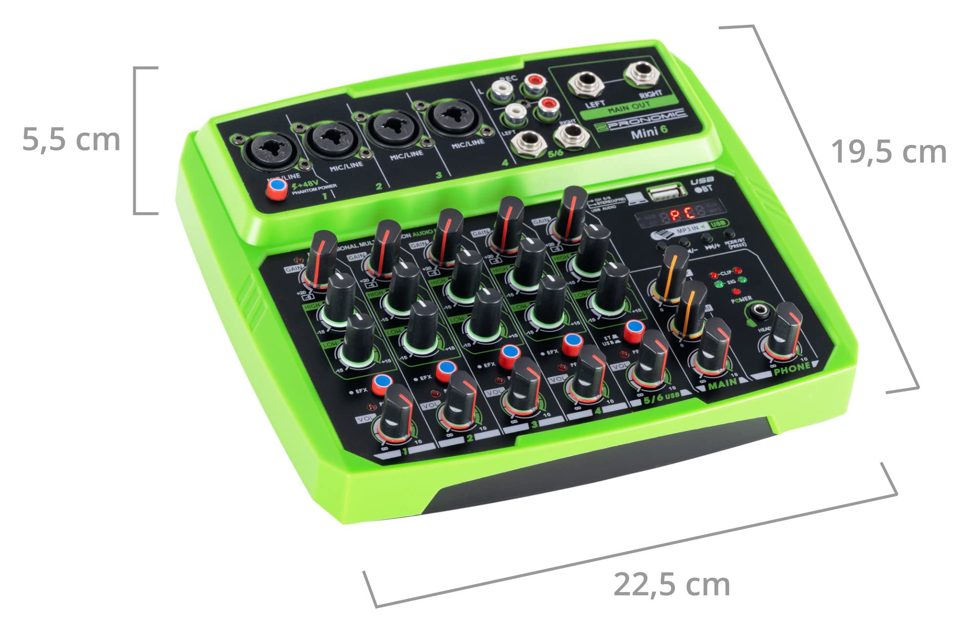 Pronomic Mini6 6-Channel Mixer with Multimedia Player - USB Powered, 4 Combo Jacks, Stereo Input, Bluetooth®, Audio Interface - Green