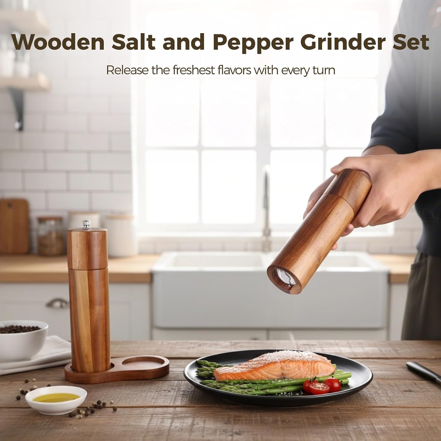 2 Pcs Wooden Salt and Pepper Grinder Set, 8 Inch, Manual Acacia Wood shakers, Adjustable Coarseness and Matching Base, Brown