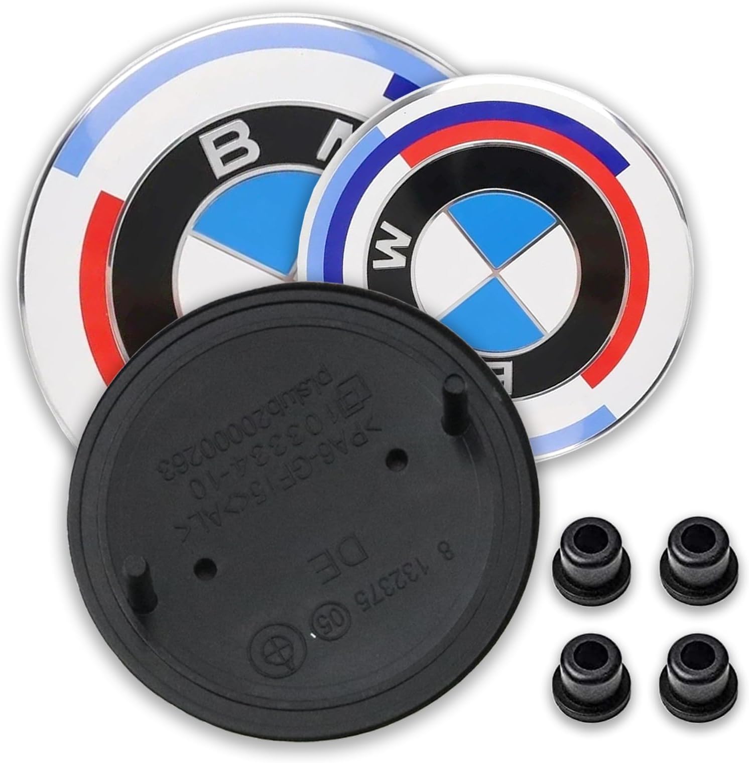 2pcs Replacement for B-M-W Hood Trunk Emblems 82mm & 74mm with 4 Grommets -Fit All Models X3 X5 X6 3 4 5 6 7 8 Series 325i 328i E46 E30 E36 E34 E38 E39 E60 E65 E90,Blue white(50th anniversar)