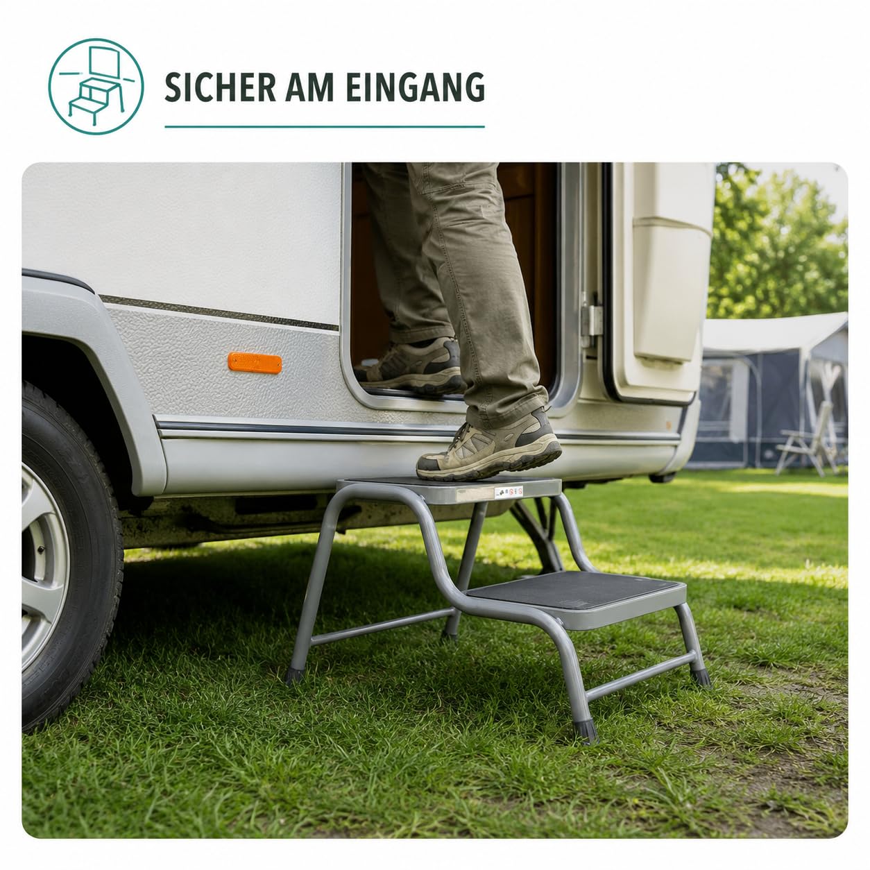 Happy Rhino - Doppelte Trittstufe Deluxe - Wohnwagen Trittstufe - Campingstufe - Wohnmobil Einstiegshilfe - Grau - 64 cm