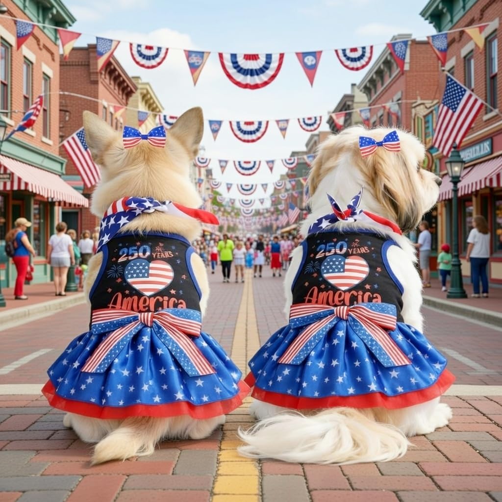 Small Dog Cat America's 250th Anniversary 4th of July Dress, Bandana & Bow Clip 3 Piece Accessories S image 3