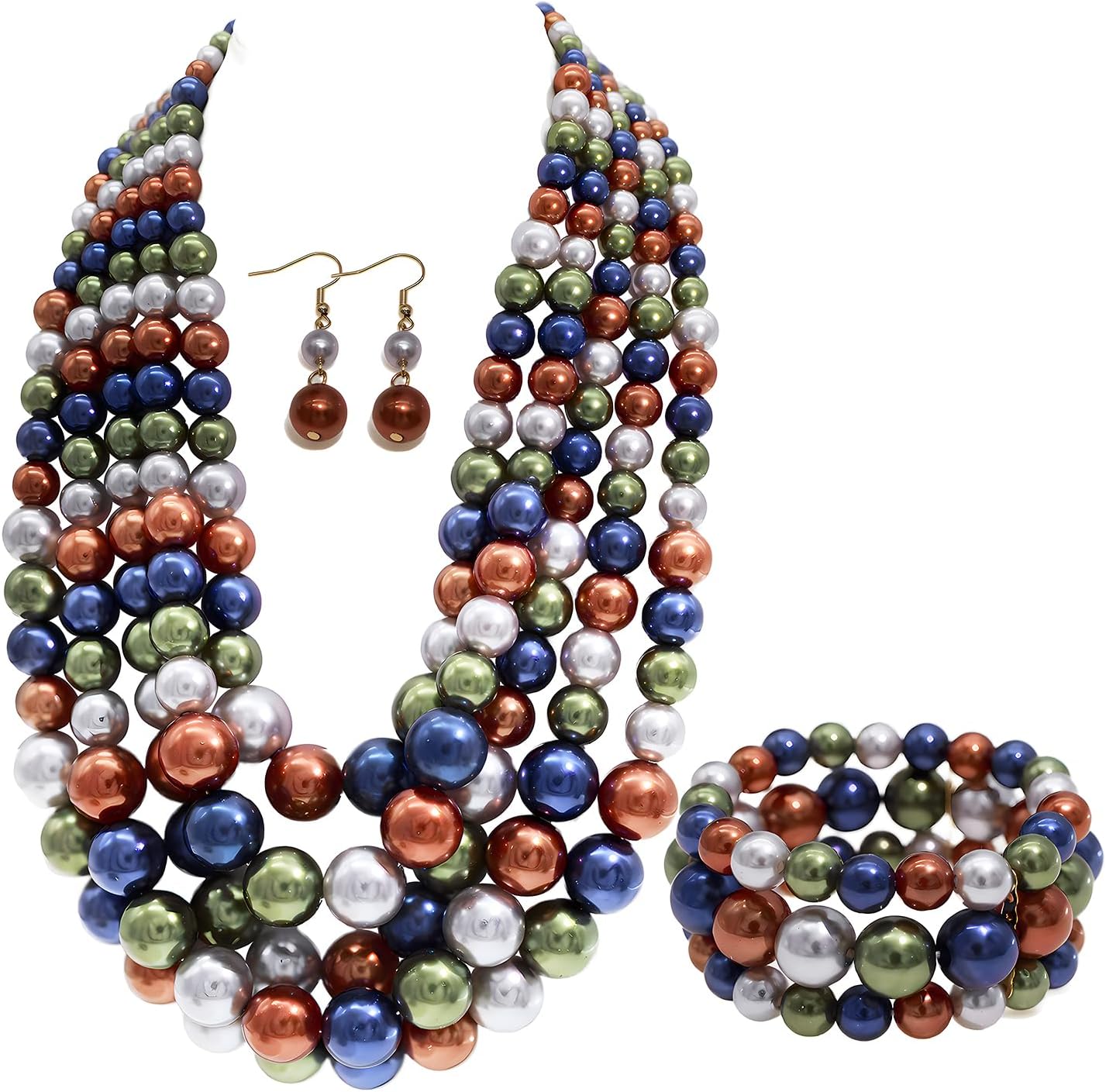 JNF Large Faux Pearl Necklaces for Women Multi strand Pearl Necklace Bracelet and Earrings Set 1920s Costume Pearls Necklace Jewelry Accessories