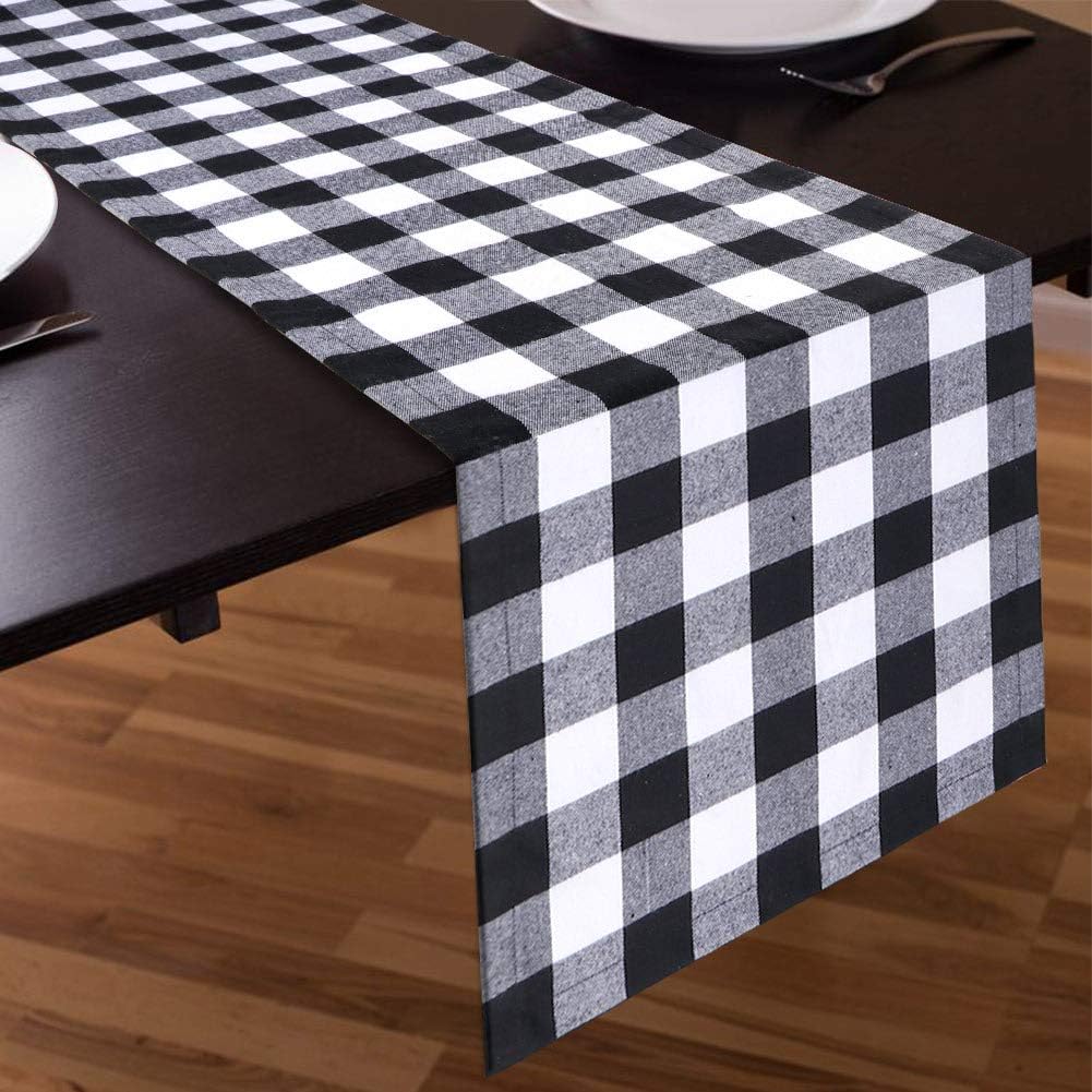 OurWarm Buffalo Check Table Runner, Black and White Buffalo Plaid Table Runner 14 x 108 Inch, 100% Cotton Farmhouse Tablecloth for Christmas Family Dinner Outdoor or Indoor Parties