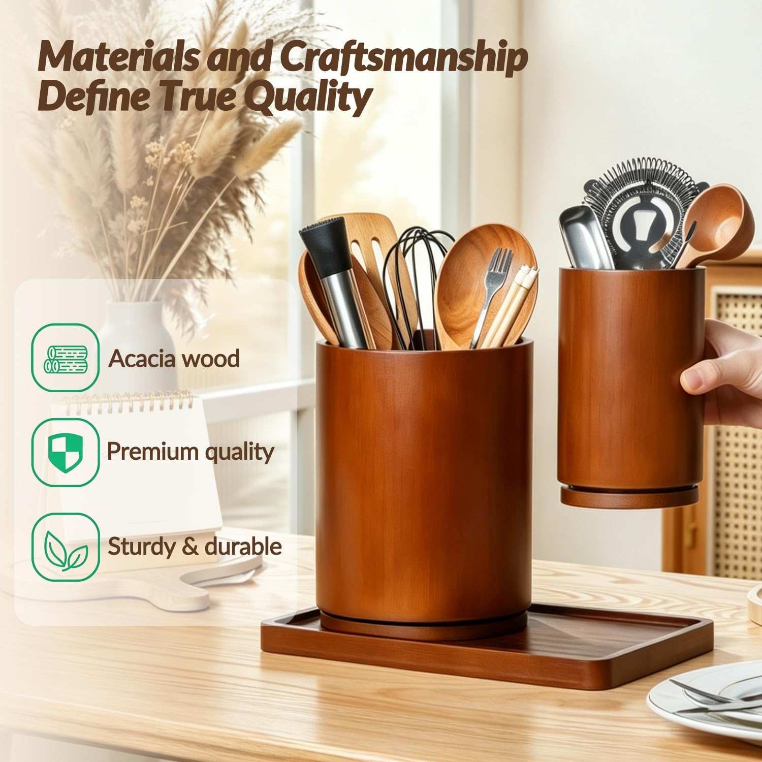 Buaic Utensil Holder, Acacia Wood Cooking Utensil Crock for Countertop