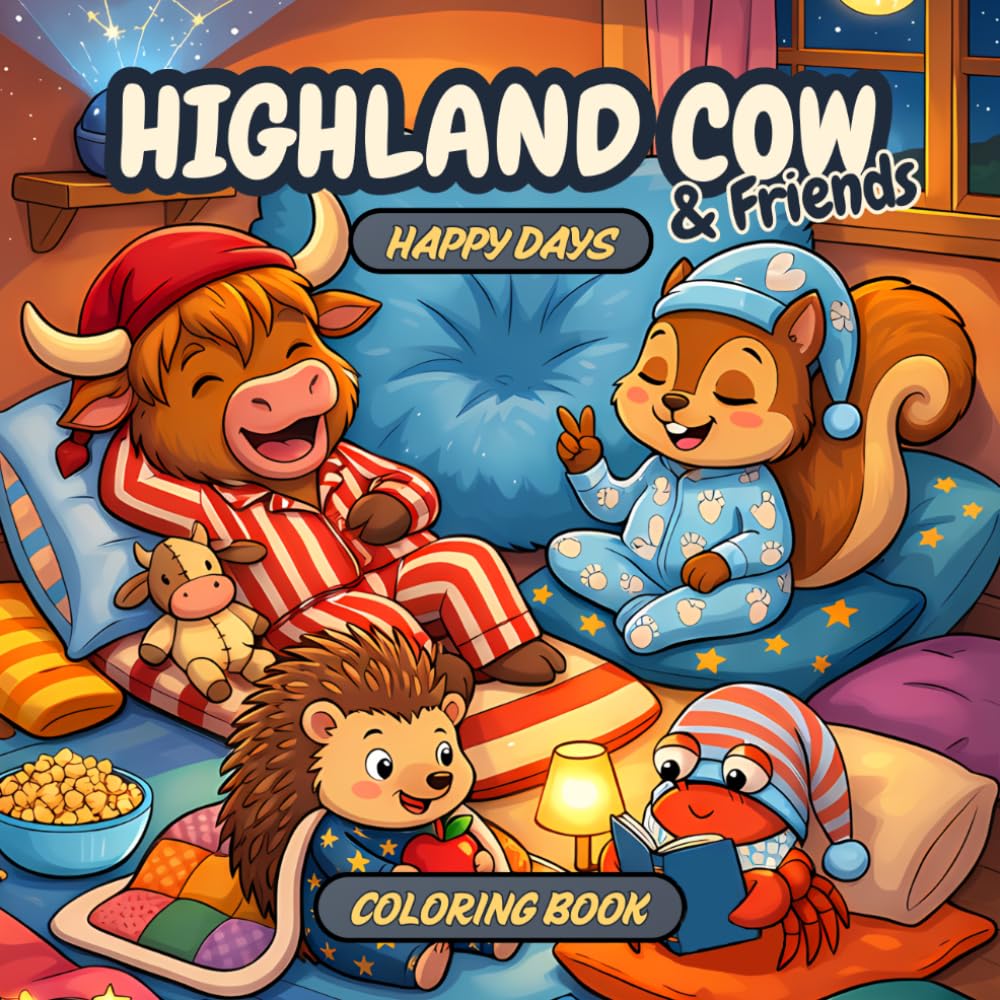 Highland Cow and Friends. Happy Days: A Bold and Easy Coloring Book for Adults and Kids. Featuring Cute Kawaii Animals and Simple Designs for Relaxation (Highland Cow Bold and Easy Coloring Book)