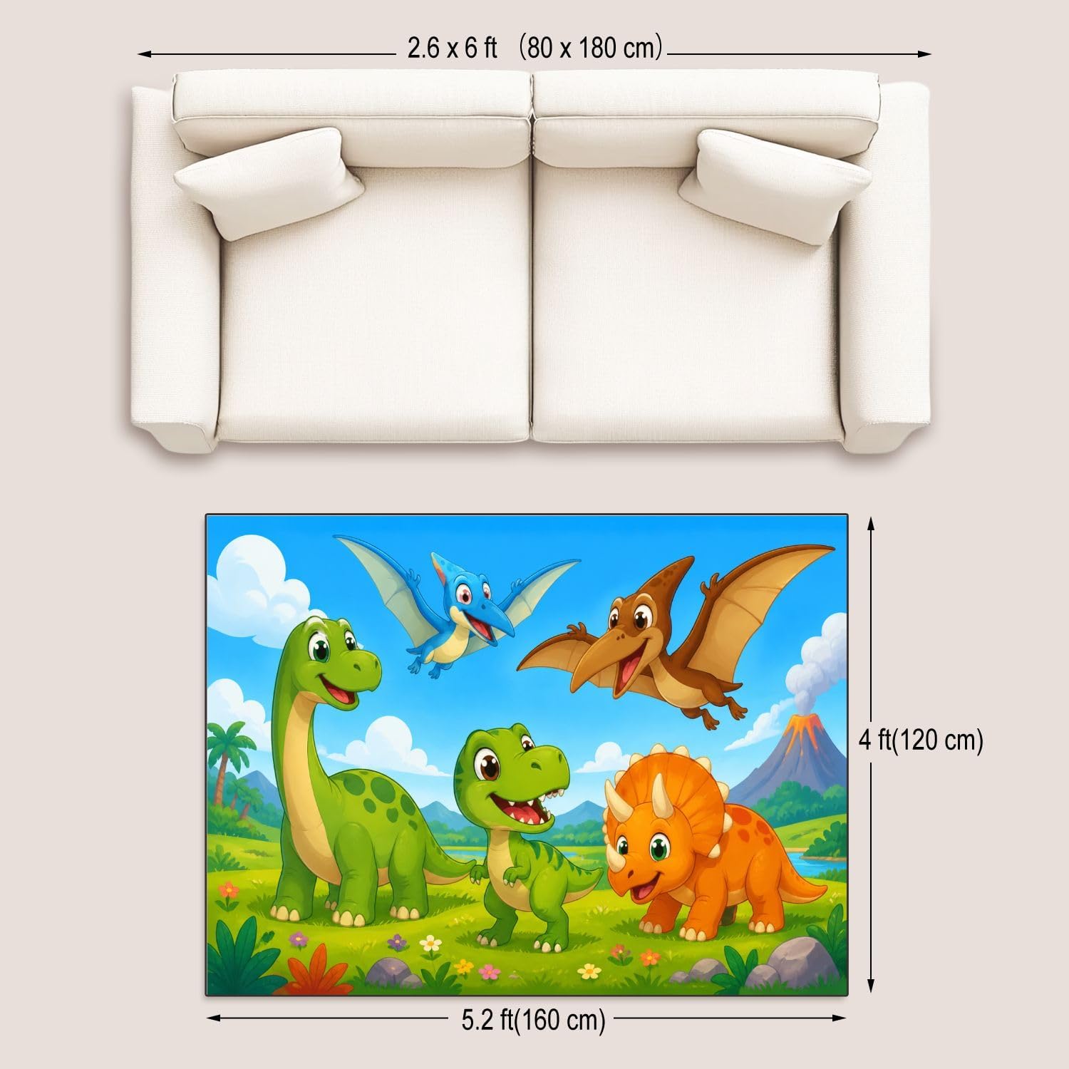 4x5 Boho Rug Rugs for Living Room Rugs for Entryway Cute Cartoon Dinosaurs Colorful Prehistoric Landscape Bedroom Rug Door Mat Nursery Room Decor Rainbow Carpet