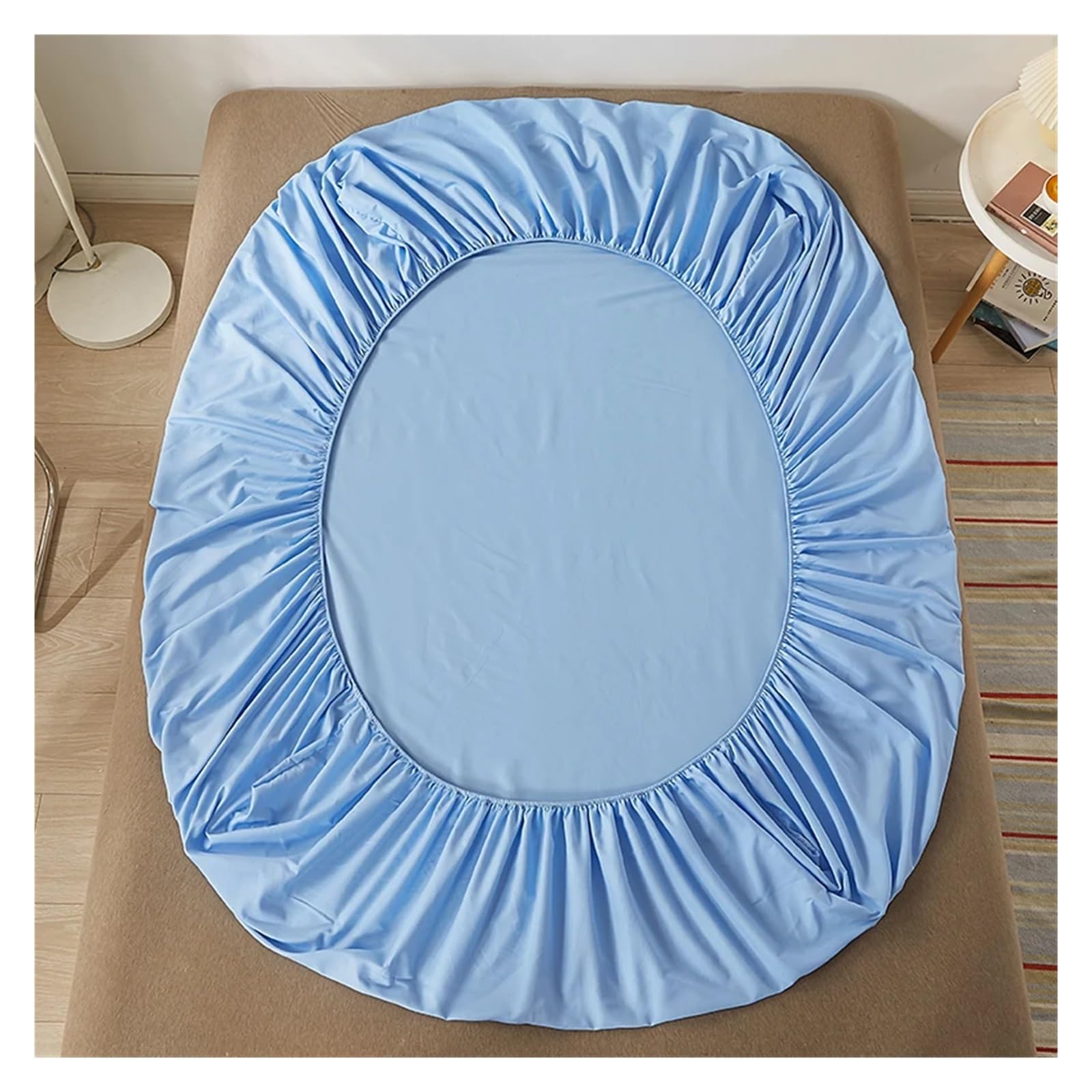 LHSJYG Silk Bed Sheets Cotton Fitted Bed Sheet With Elastic Band Solid Color Anti-slip Adjustable Mattress Cover(Blue,180x200cm)