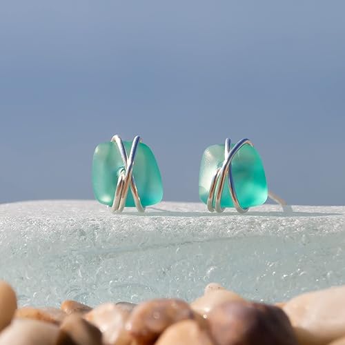 Miniatura 41 de Sea Glass Earrings S990 Sterling Silver Hypoallergenic Handmade Stud Post Earrings Beach Glass Fashion Statement Handcraft Jewelry for Women Girls