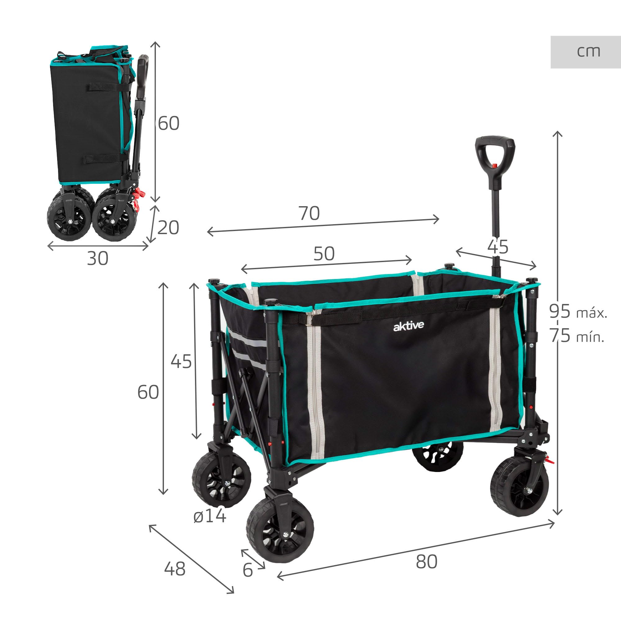 AKTIVE Carrello pieghevole da spiaggia ruote fuoristrada 60 kg acciaio poliestere 70x45x95 cm