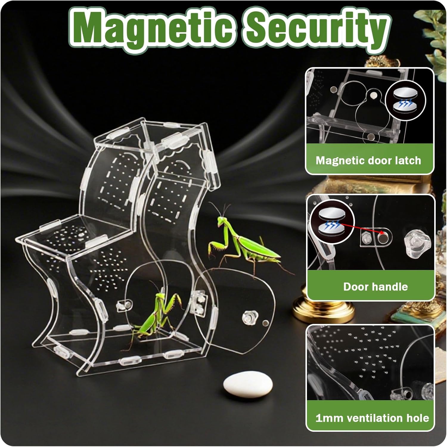Magnetic Acrylic Enclosure for Jumping Spiders & Small Reptiles – 5.9"x4.7"x9.4" Escape-Proof Habitat with Easy-Feed Magnetic Door, 3mm Thick Clear Terrarium for Tarantulas, Mantis, Geckos & Beetles