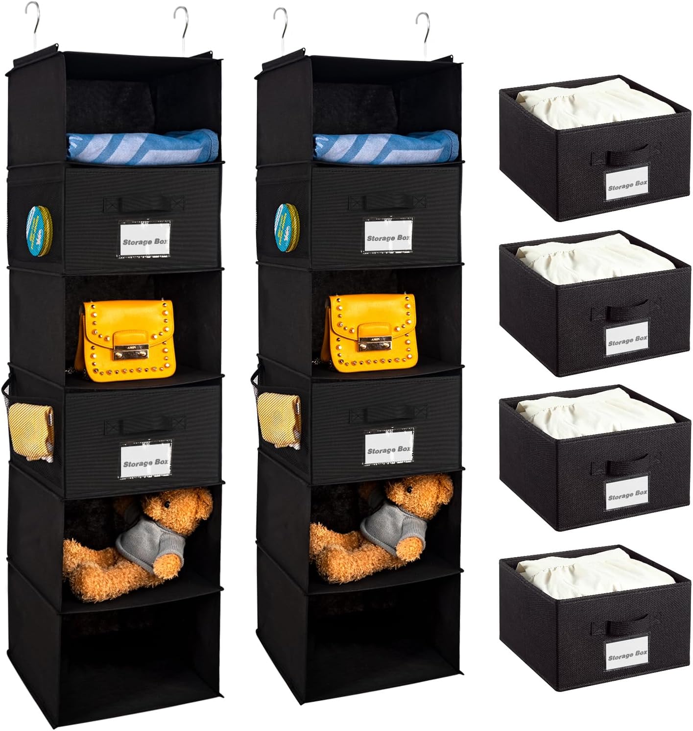2 Pack 6 Shelves Hanging Closet Organizer with 2 Drawer, Hanging Storage with 4 Side Pockets for Clothes Shoes, 43.5"x12"x12"(Black)