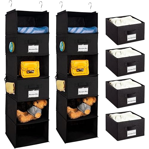 2 Pack 6 Shelves Hanging Closet Organizer with 2 Drawer, Hanging Storage with 4 Side Pockets for Clothes Shoes, 43.5"x12"x12"(Black)