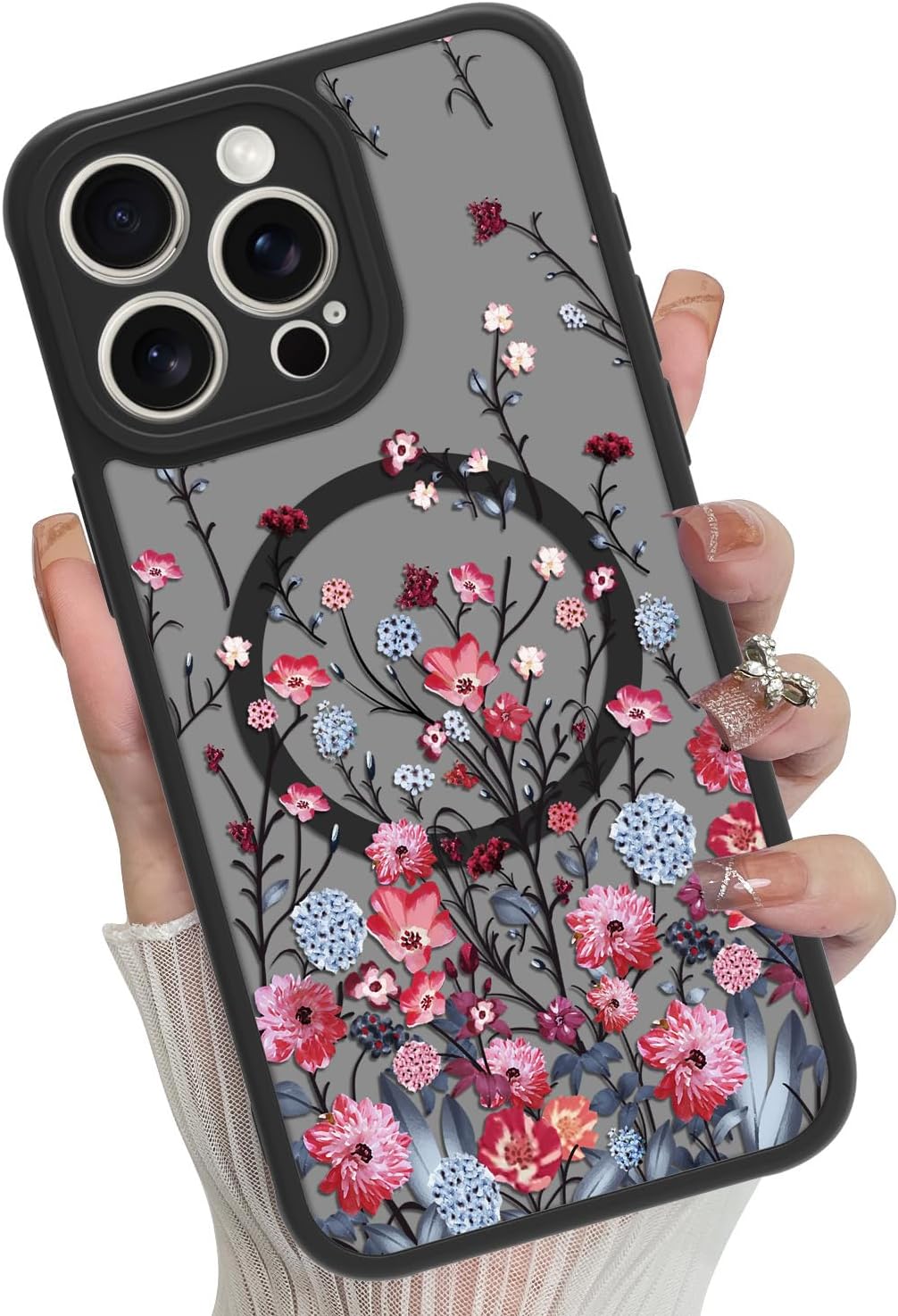Magnetic Case Designed for iPhone 13 Pro Max,Red Floral Flower