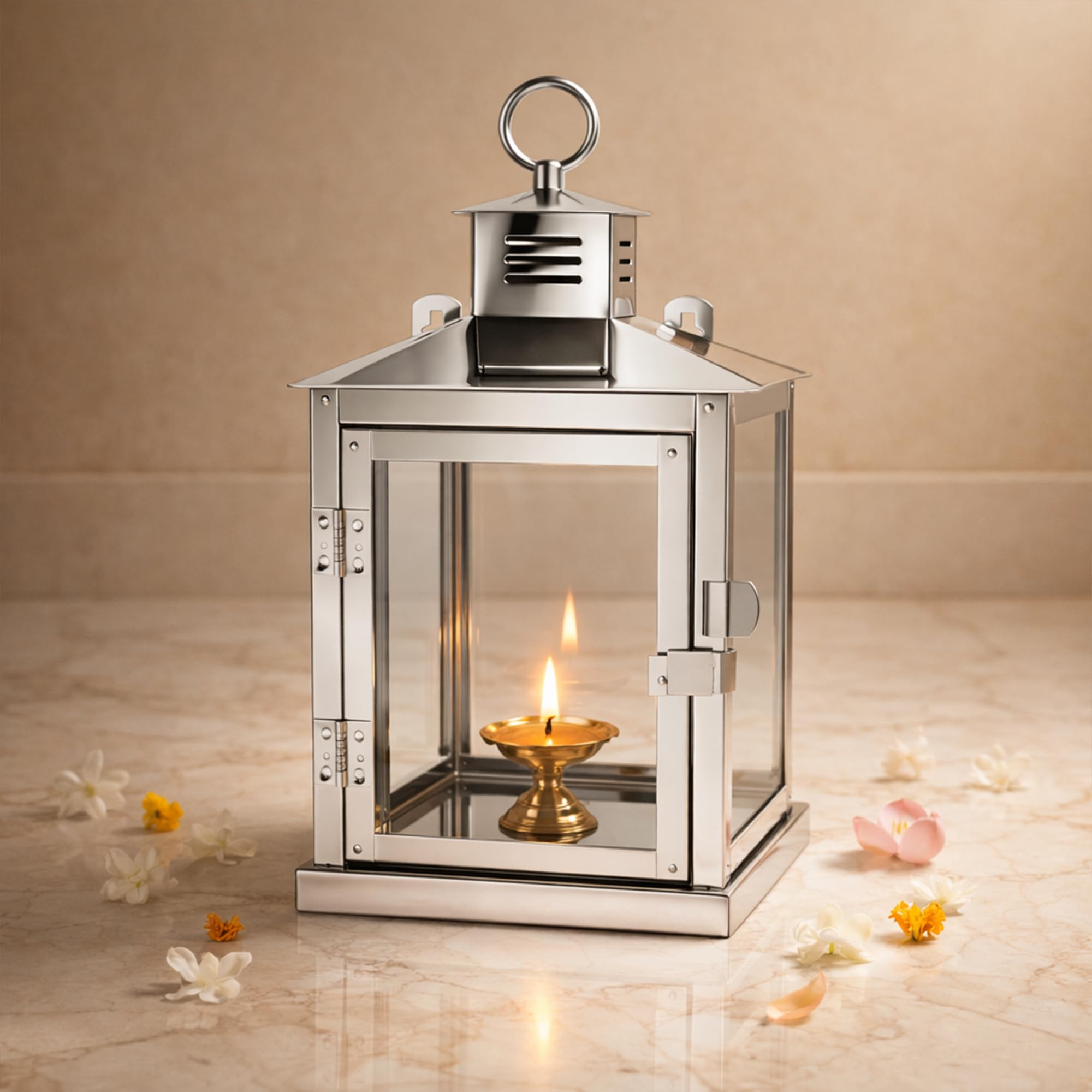 Spillbox Stainless Steel Wall Mounted Oil Lamp with Glass Cover | Deepam Glass Cover| Diya Protector from Wind- Hanging Diya Lantern (Small) Silver-image-43