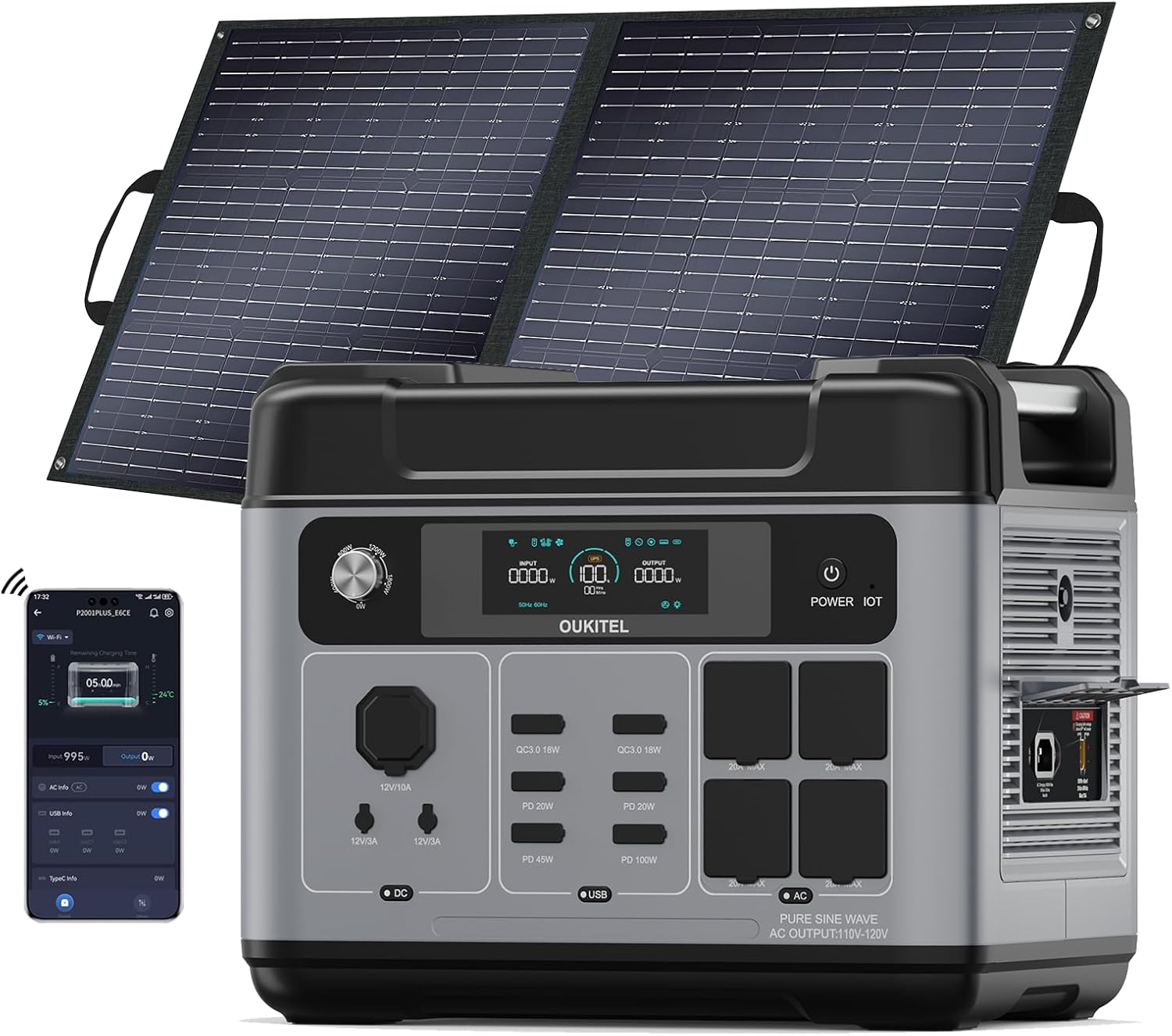 OUKITEL P2001 Plus 2400W Photo voltaic Generator with 100W Photo voltaic Panel, 2048Wh Solar energy station, 1800W Quick Charging, Sensible APP Management Emergency Energy Station for Dwelling, Tenting, Outside Battery Backup